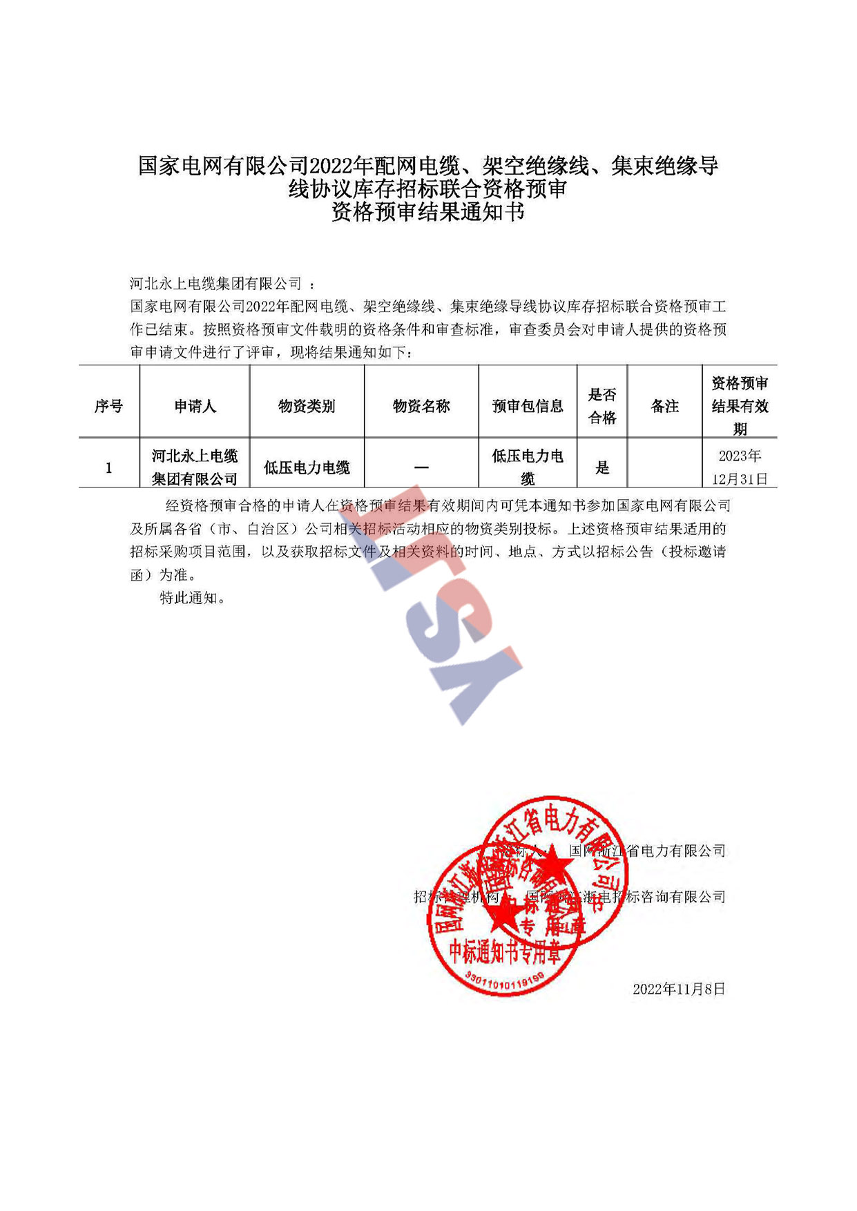 國家電網(wǎng)有限公司2022年配網(wǎng)電纜、架空絕緣線、集束絕緣導(dǎo)線協(xié)議庫存招標(biāo)聯(lián)合資格預(yù)審資格預(yù)審結(jié)果通知書